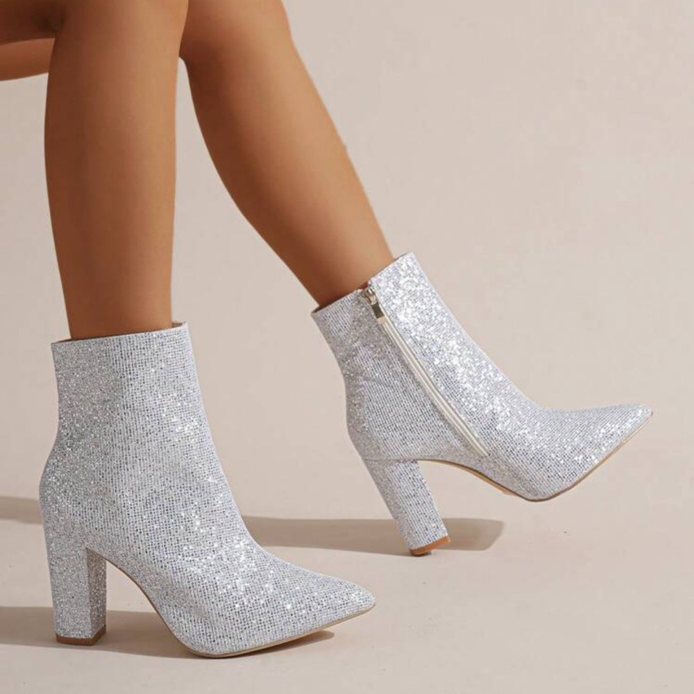 Glittery Silver Sequin Ankle Boots